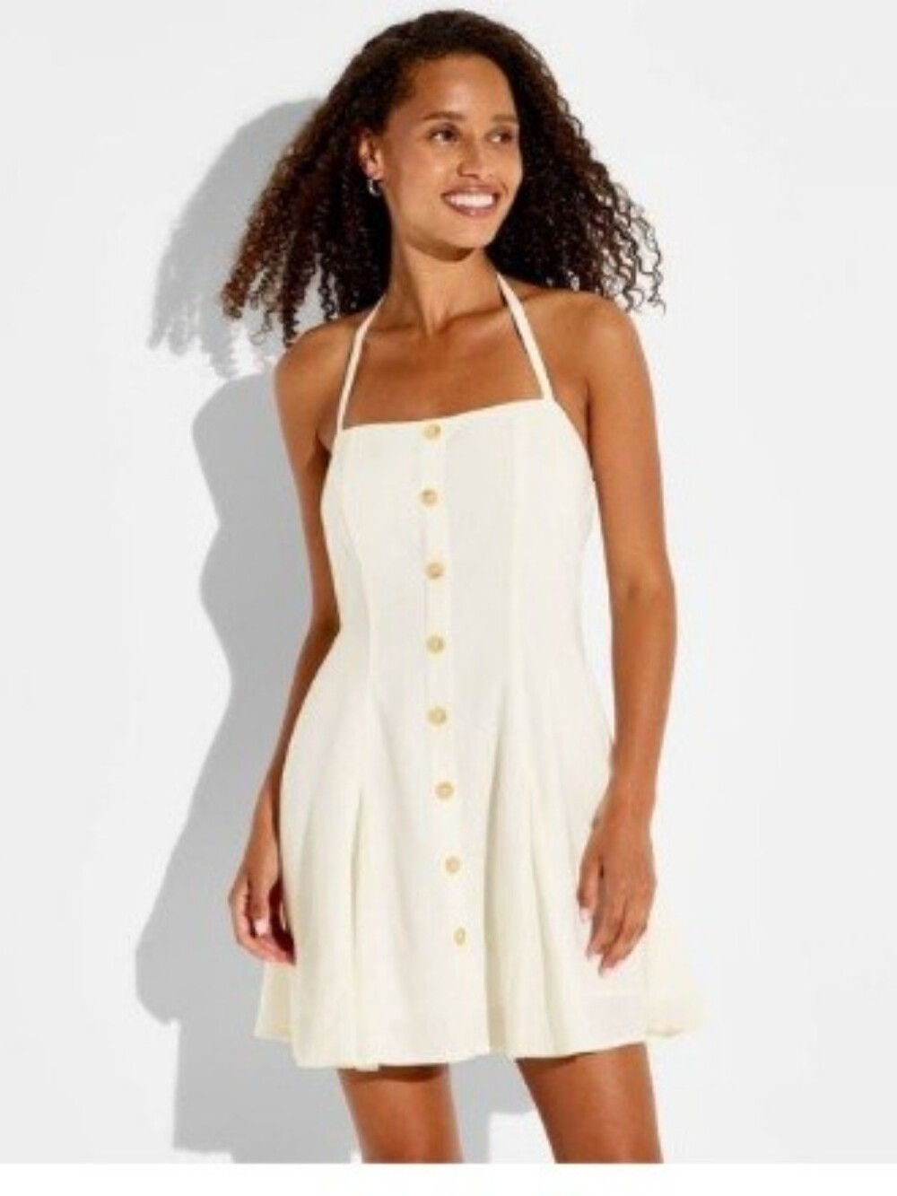 Wild Fable Women's Button-Front Halter Mini A-Line Dress, M - Cream